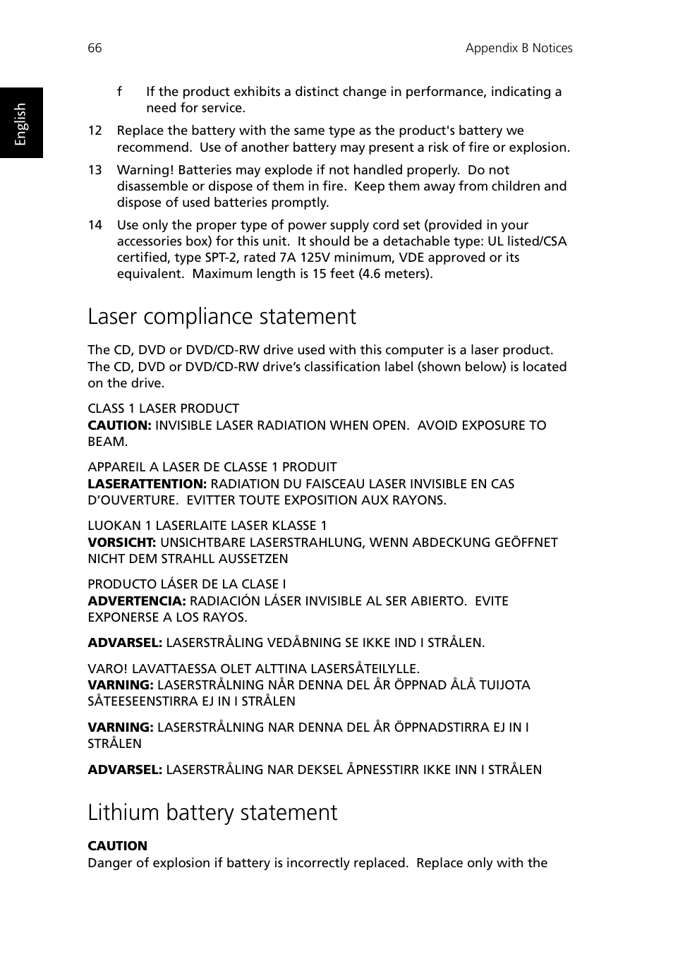 Laser compliance statement, Lithium battery statement | Acer TravelMate 430 User Manual | Page 74 / 80