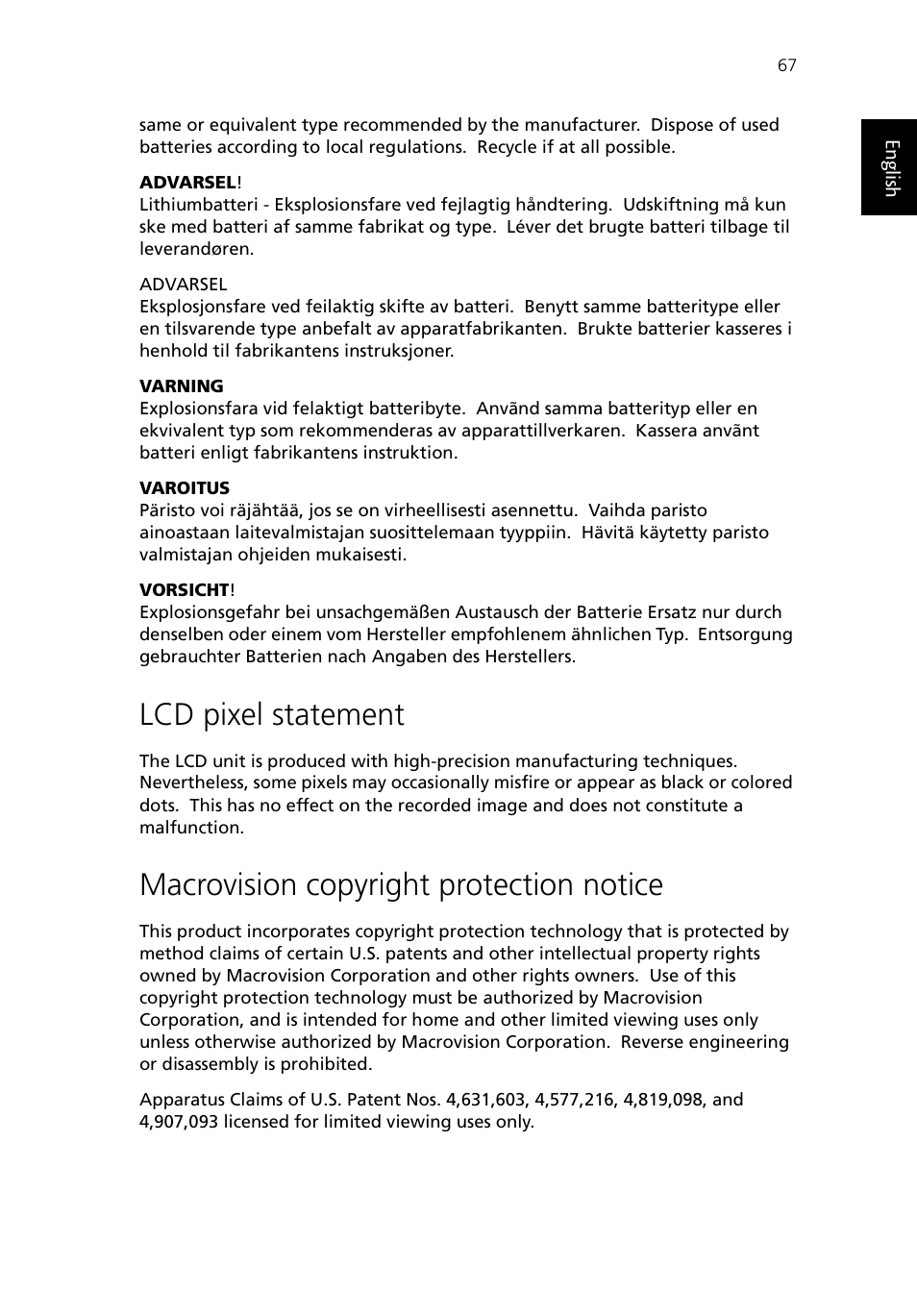 Lcd pixel statement, Macrovision copyright protection notice | Acer TravelMate 430 User Manual | Page 75 / 80