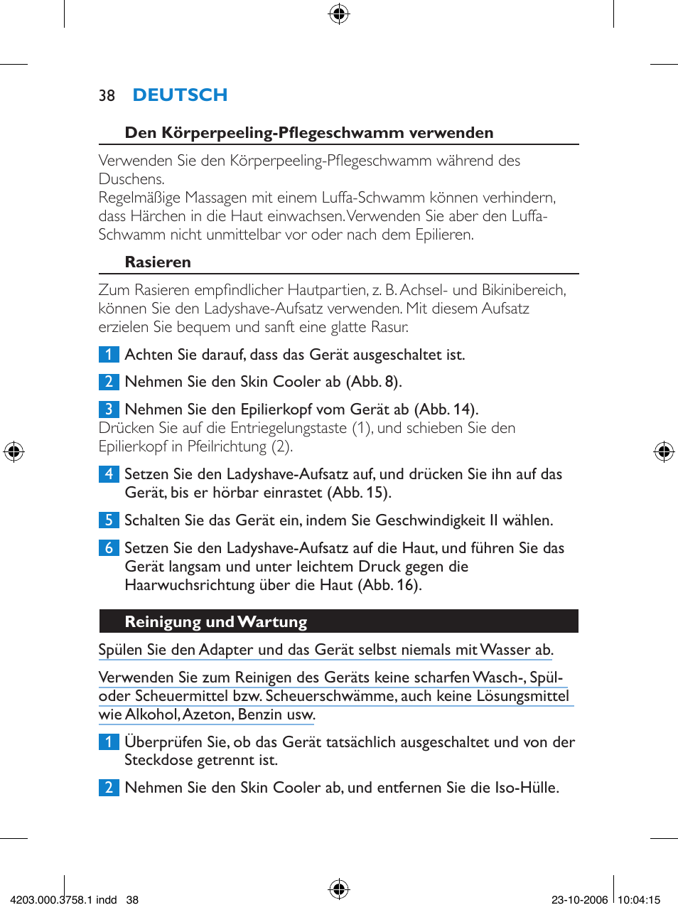 Philips Satinelle Epilierer User Manual | Page 38 / 132