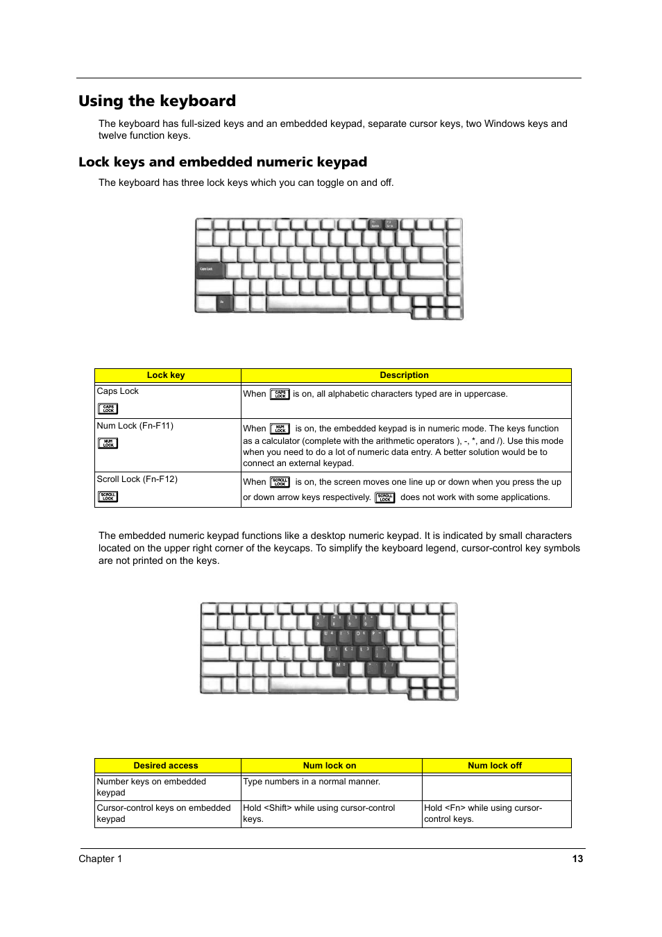 Using the keyboard, Lock keys and embedded numeric keypad | Acer 2430 User Manual | Page 18 / 107