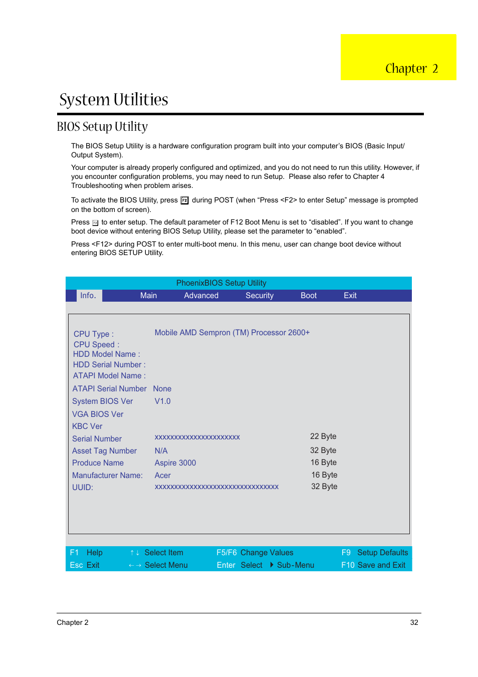 Bios setup utility, System utilities, Chapter 2 | Acer 2430 User Manual | Page 37 / 107