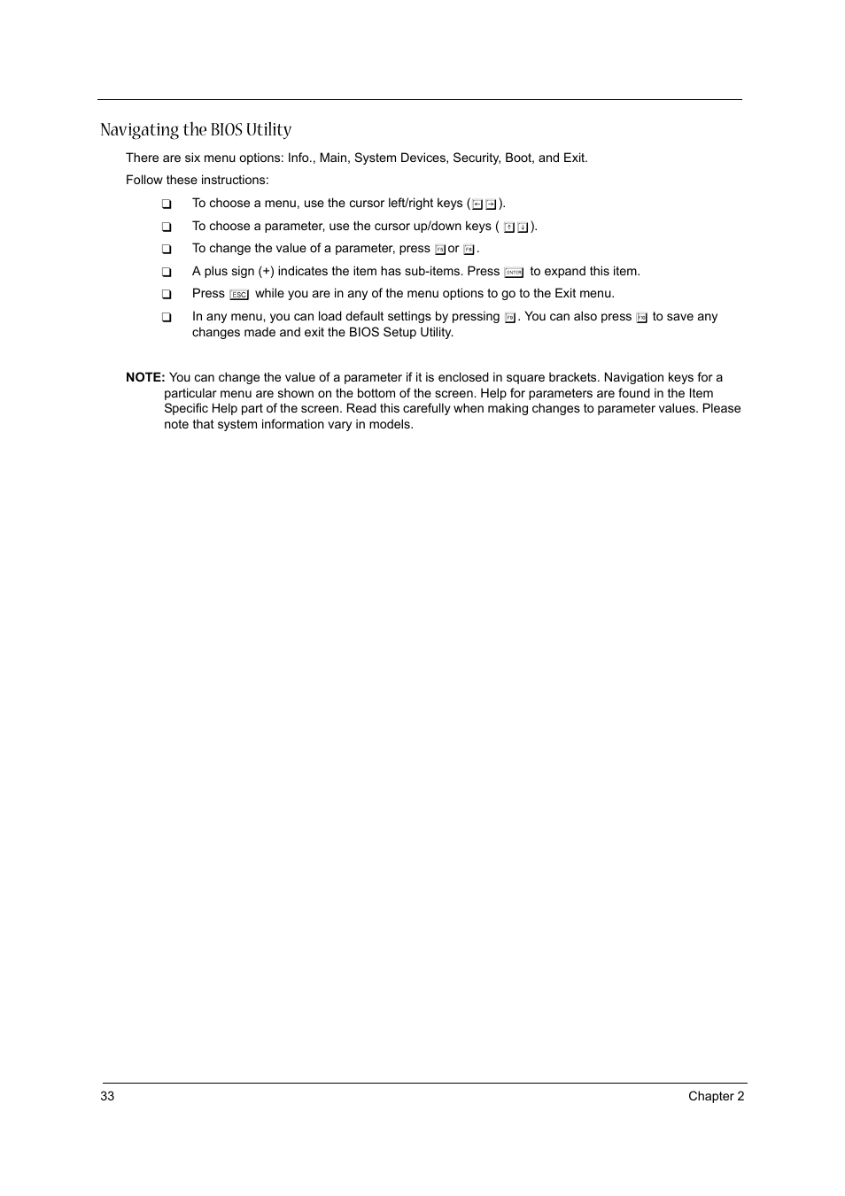 Navigating the bios utility | Acer 2430 User Manual | Page 38 / 107