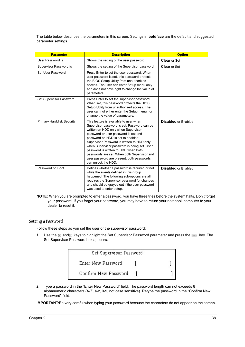 Setting a password | Acer 2430 User Manual | Page 43 / 107