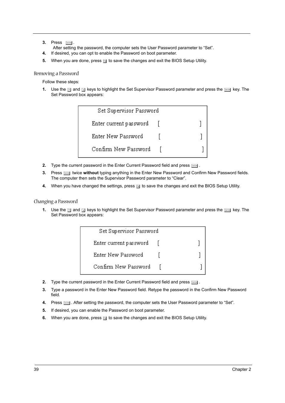 Removing a password, Changing a password | Acer 2430 User Manual | Page 44 / 107