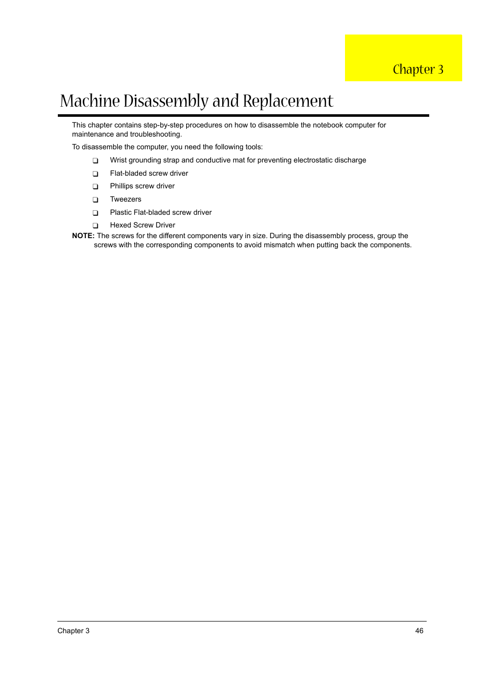 Machine disassembly and replacement, Chapter 3 | Acer 2430 User Manual | Page 51 / 107