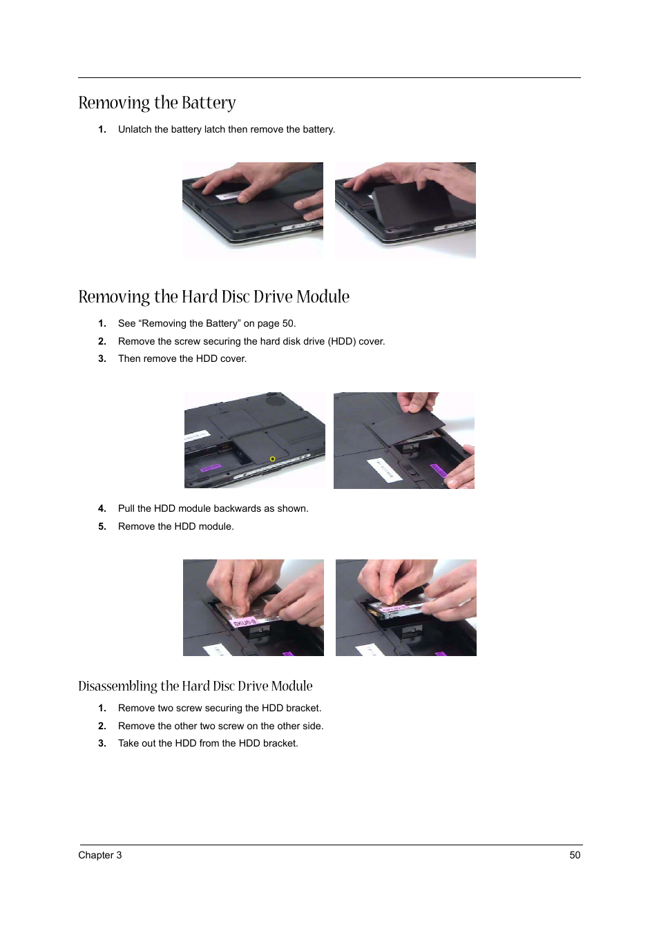 Removing the battery, Removing the hard disc drive module, Disassembling the hard disc drive module | Acer 2430 User Manual | Page 55 / 107