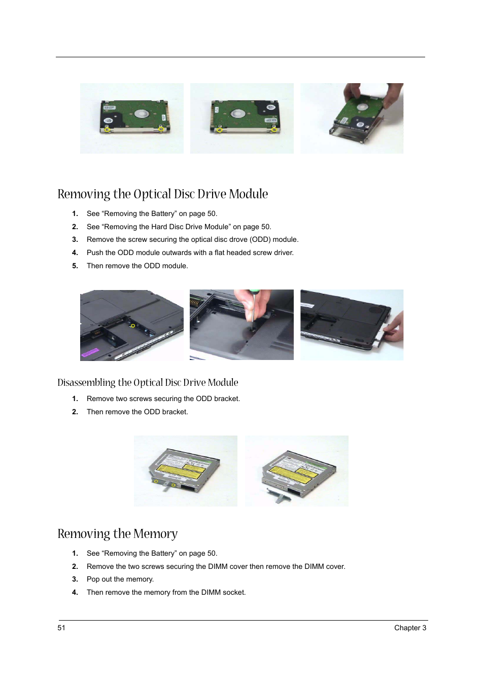 Removing the optical disc drive module, Disassembling the optical disc drive module, Removing the memory | Acer 2430 User Manual | Page 56 / 107