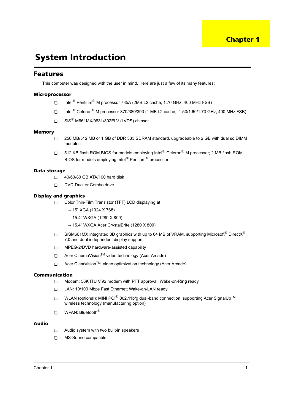 Features, System introduction, Chapter 1 | Acer 2430 User Manual | Page 6 / 107