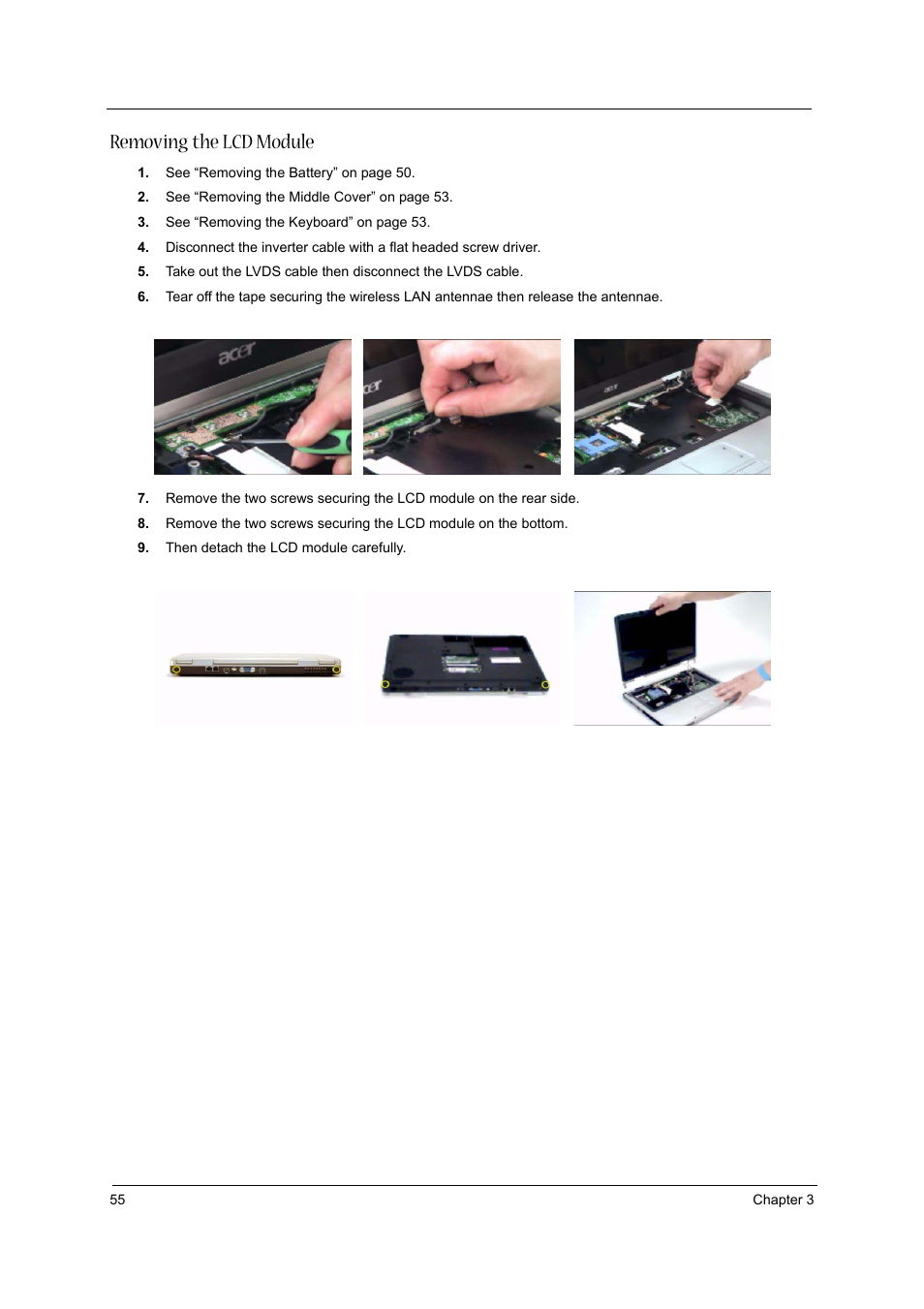 Removing the lcd module | Acer 2430 User Manual | Page 60 / 107