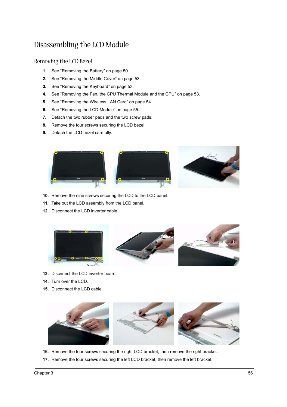 Disassembling the lcd module, Removing the lcd bezel | Acer 2430 User Manual | Page 61 / 107