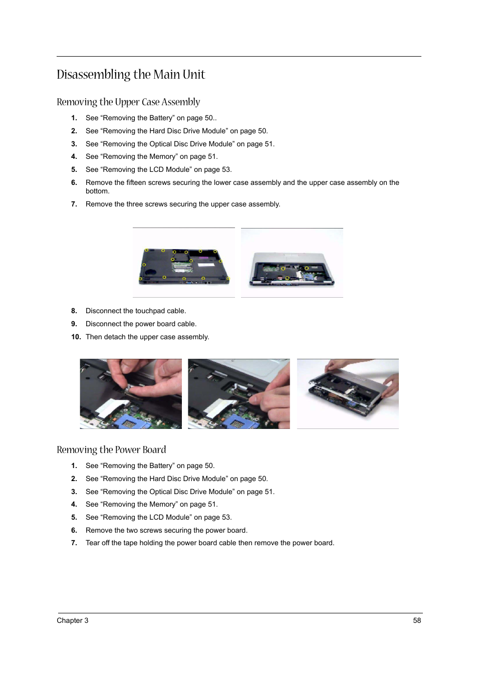 Disassembling the main unit, Removing the upper case assembly, Removing the power board | Acer 2430 User Manual | Page 63 / 107