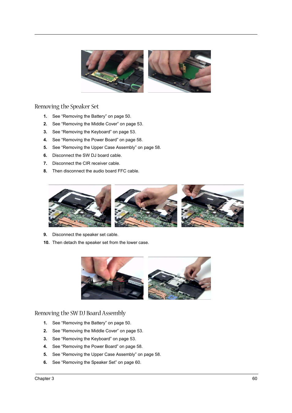 Removing the speaker set, Removing the sw dj board assembly | Acer 2430 User Manual | Page 65 / 107