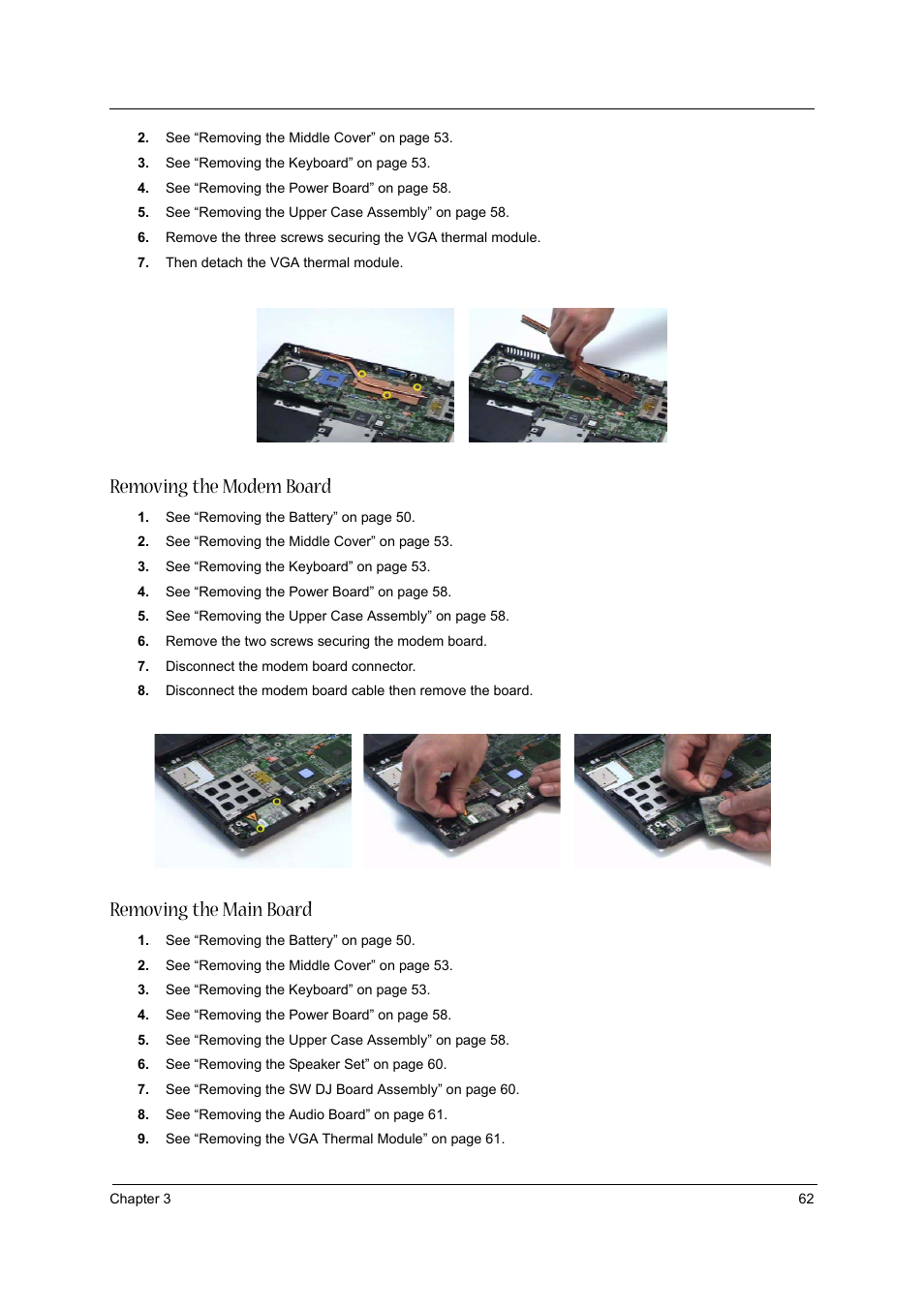 Removing the modem board, Removing the main board | Acer 2430 User Manual | Page 67 / 107