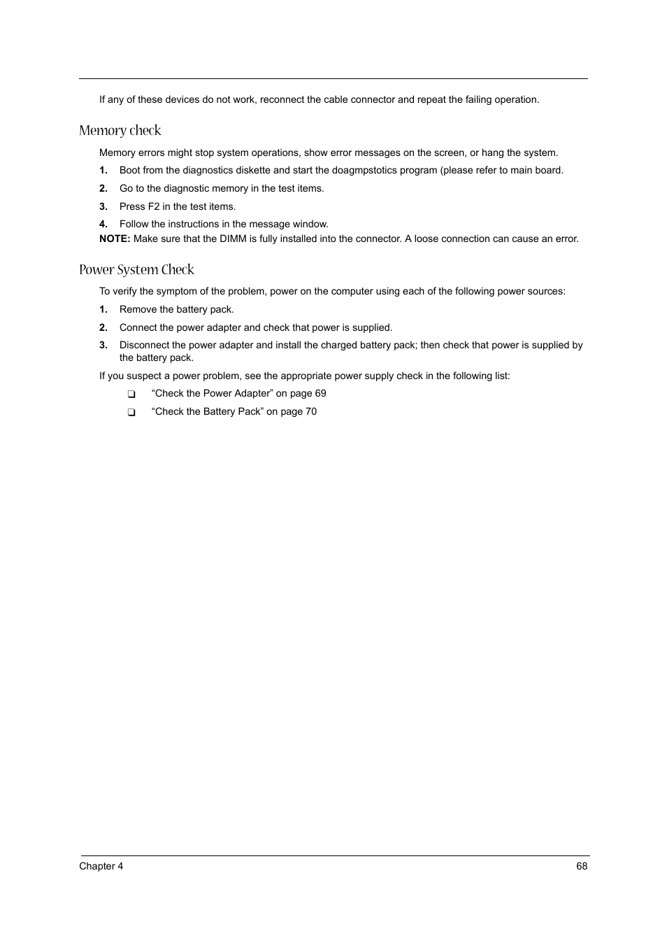 Memory check, Power system check | Acer 2430 User Manual | Page 73 / 107