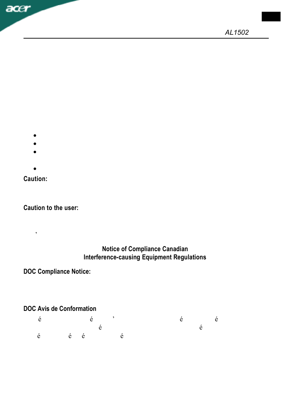 Fcc compliance statement | Acer AL1502 User Manual | Page 3 / 17