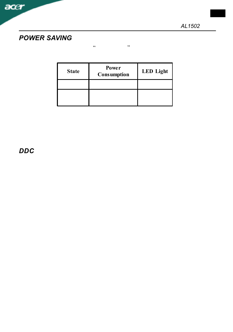 Power saving | Acer AL1502 User Manual | Page 9 / 17