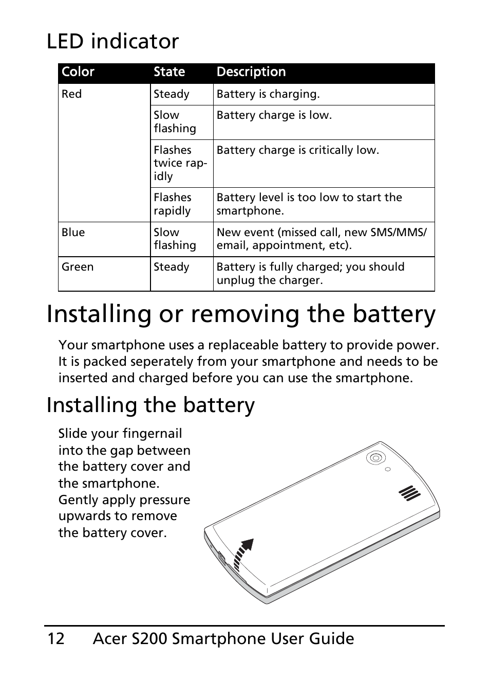 Installing or removing the battery, Led indicator, Installing the battery | Acer S200 User Manual | Page 12 / 100