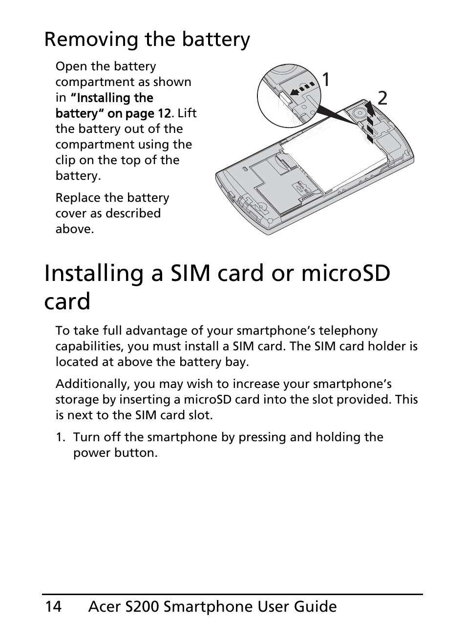 Installing a sim card or microsd card, Removing the battery | Acer S200 User Manual | Page 14 / 100