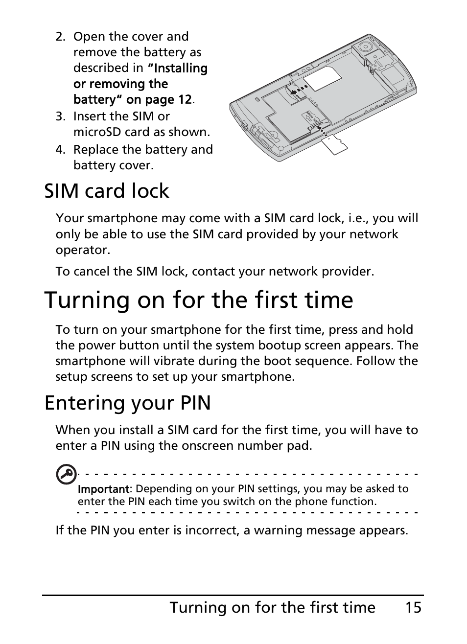 Turning on for the first time, Sim card lock, Entering your pin | Acer S200 User Manual | Page 15 / 100