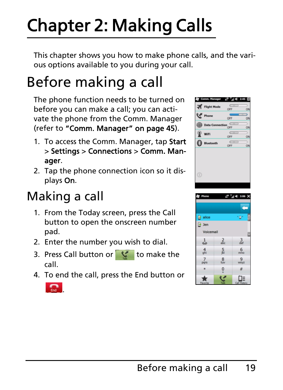 Before making a call, Chapter 2: making calls, Making a call | Acer S200 User Manual | Page 19 / 100