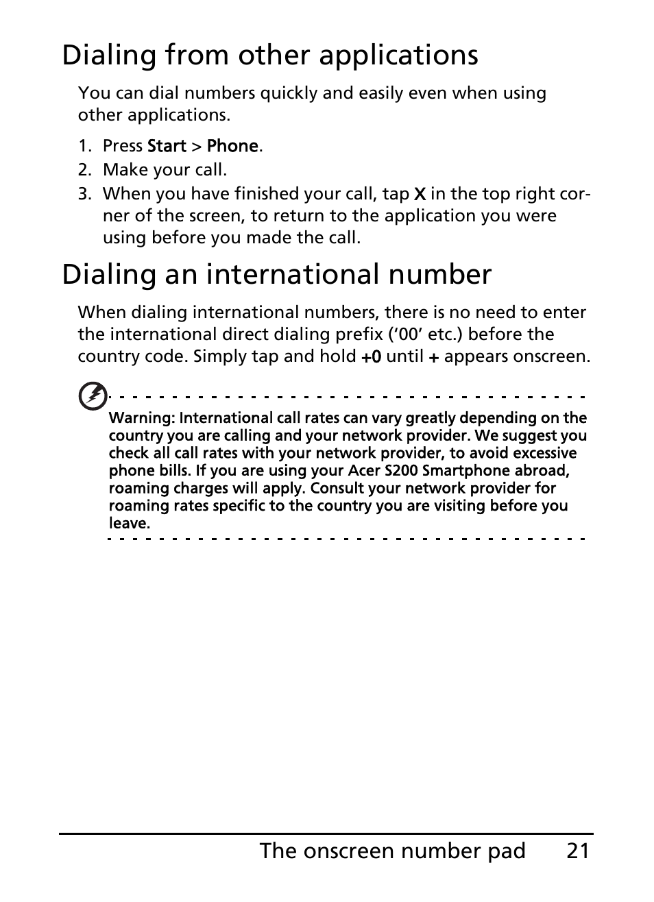 Dialing from other applications, Dialing an international number, 21 the onscreen number pad | Acer S200 User Manual | Page 21 / 100