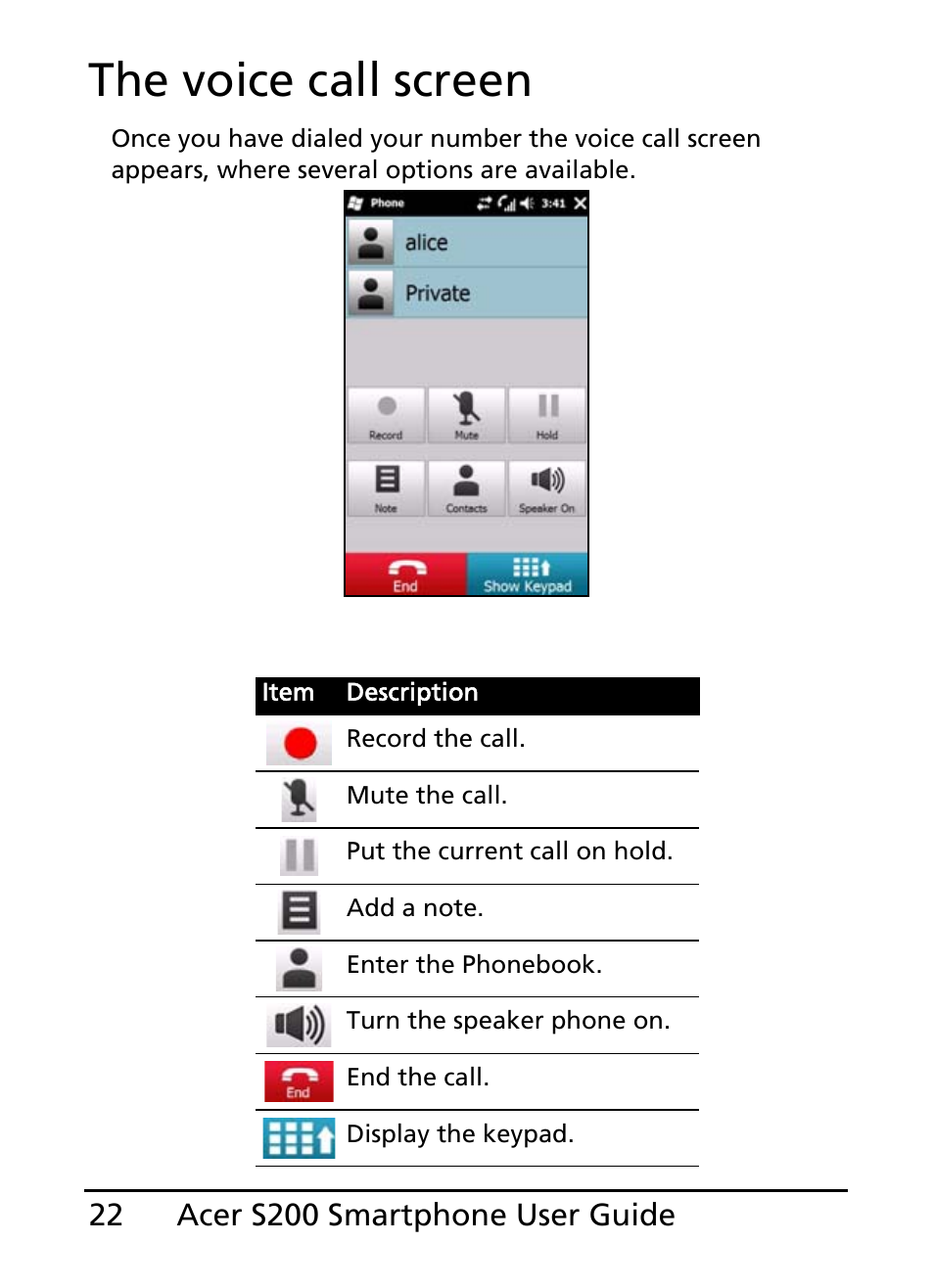 The voice call screen | Acer S200 User Manual | Page 22 / 100