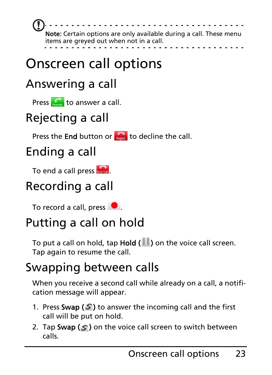 Onscreen call options, Answering a call, Rejecting a call | Ending a call, Recording a call, Putting a call on hold, Swapping between calls | Acer S200 User Manual | Page 23 / 100