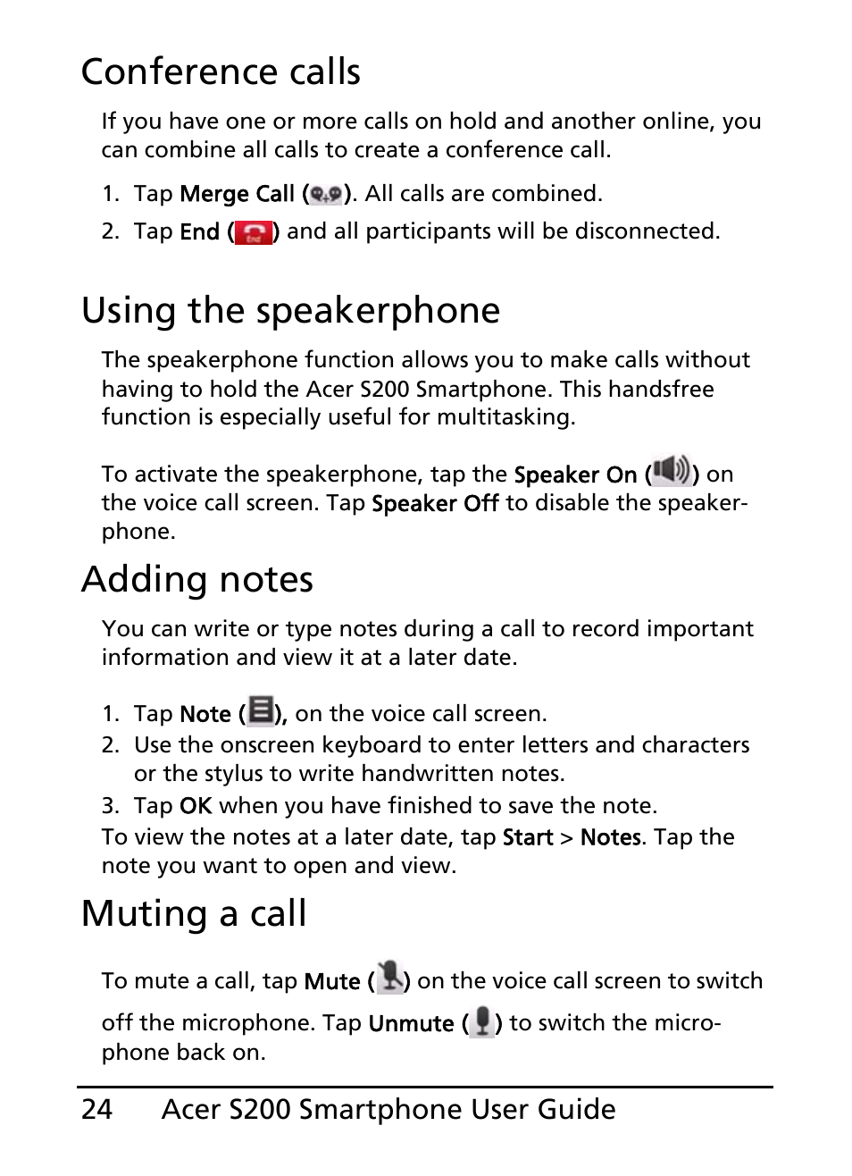 Conference calls, Using the speakerphone, Muting a call | Acer S200 User Manual | Page 24 / 100