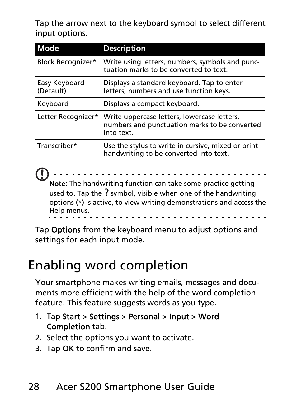 Enabling word completion | Acer S200 User Manual | Page 28 / 100