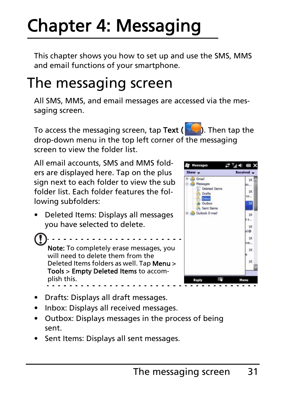 The messaging screen, Chapter 4: messaging | Acer S200 User Manual | Page 31 / 100