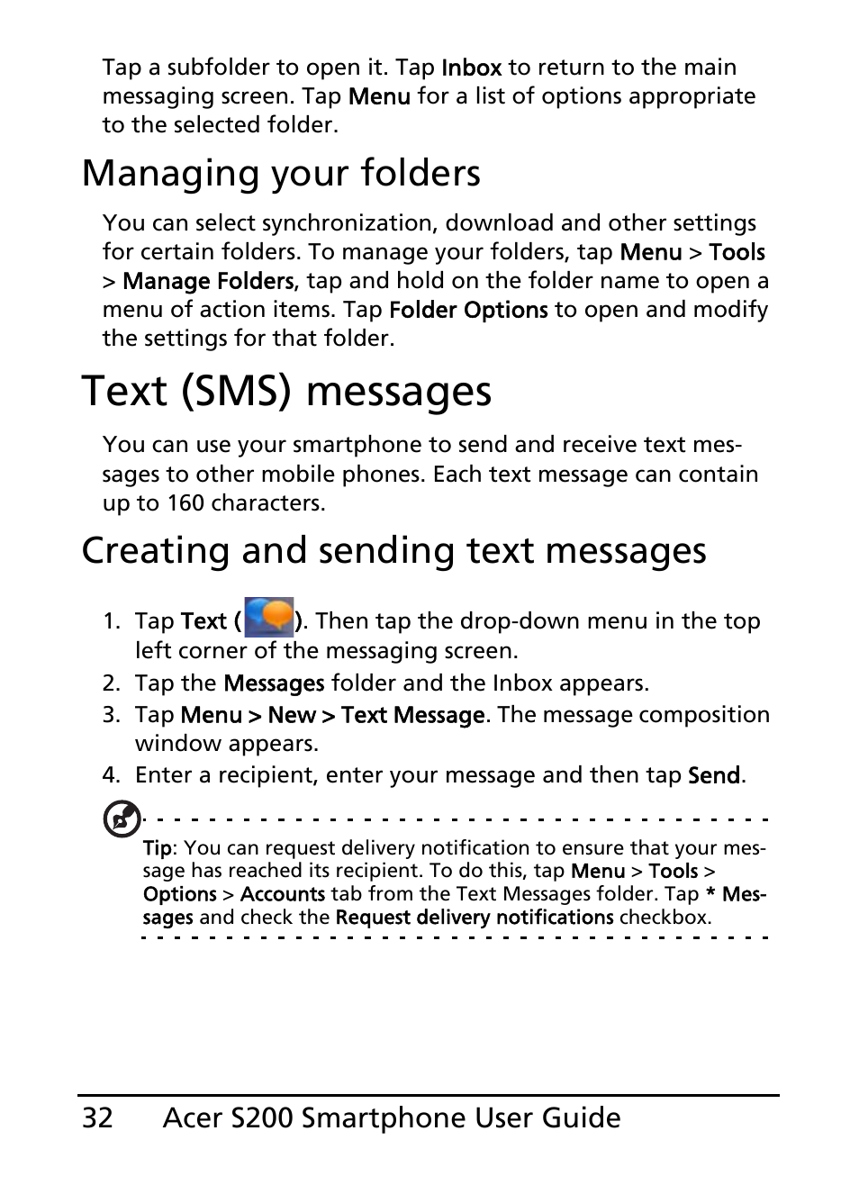 Text (sms) messages, Managing your folders, Creating and sending text messages | Acer S200 User Manual | Page 32 / 100