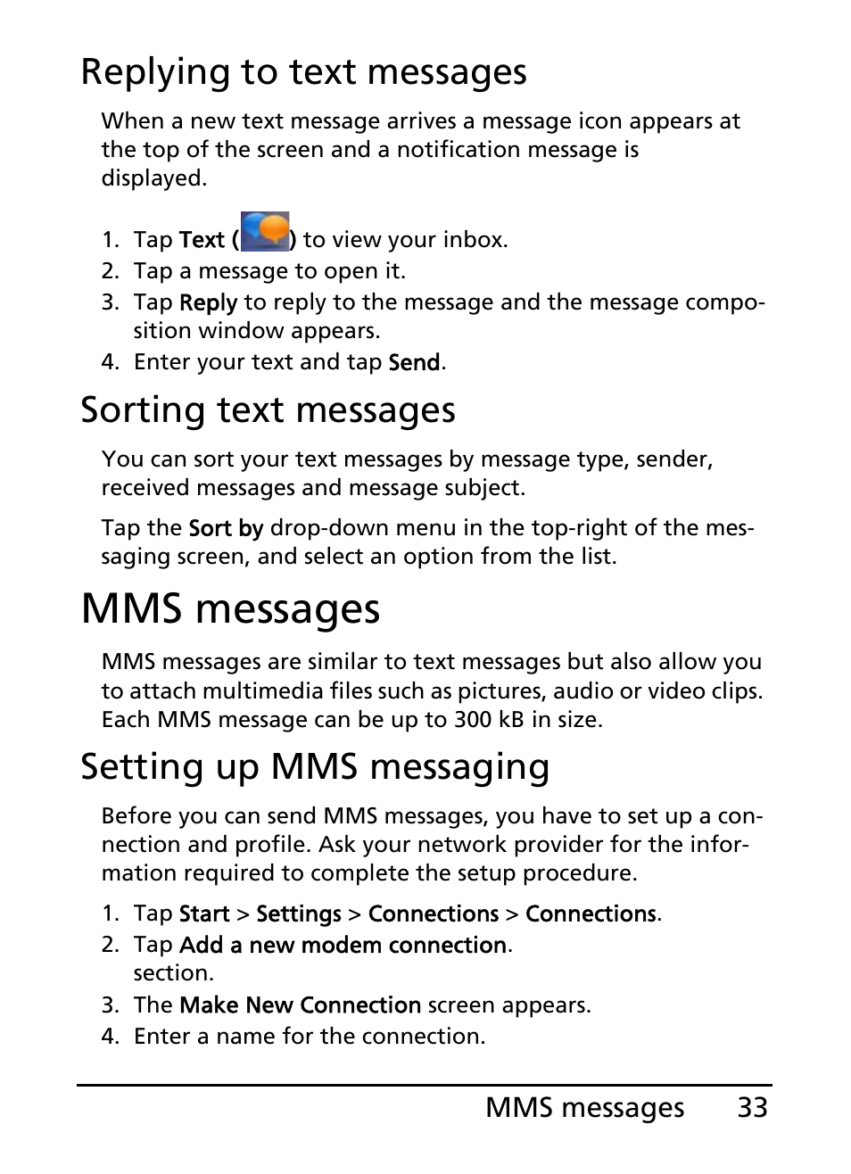 Mms messages, Replying to text messages, Sorting text messages | Setting up mms messaging | Acer S200 User Manual | Page 33 / 100