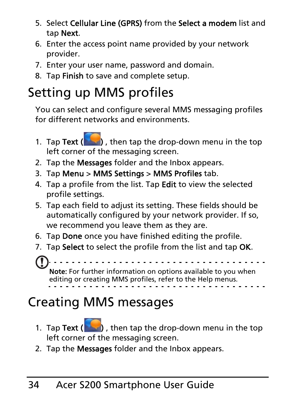 Setting up mms profiles, Creating mms messages | Acer S200 User Manual | Page 34 / 100