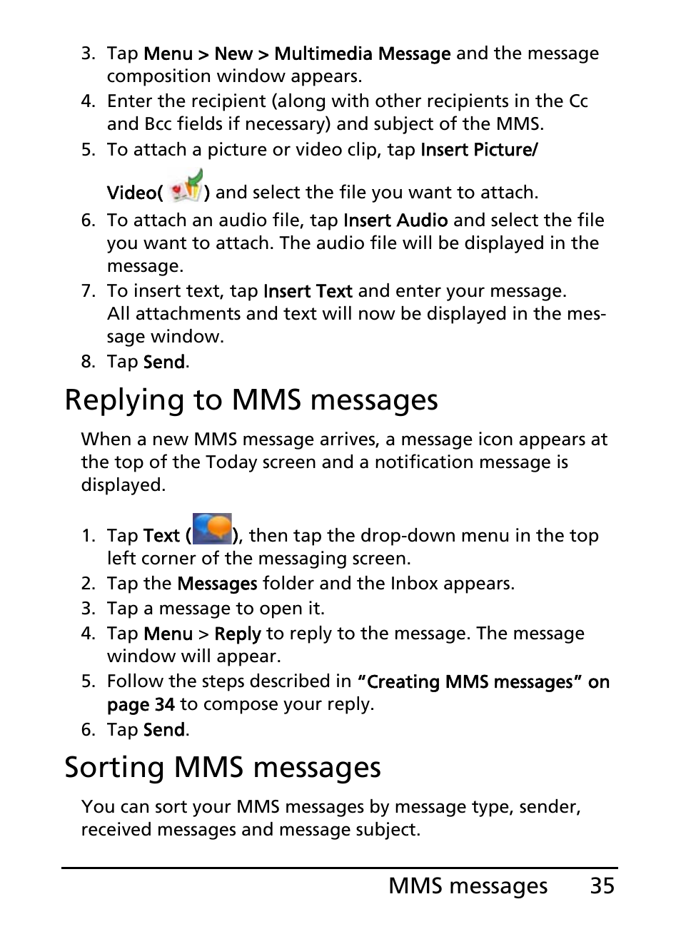 Replying to mms messages, Sorting mms messages, 35 mms messages | Acer S200 User Manual | Page 35 / 100