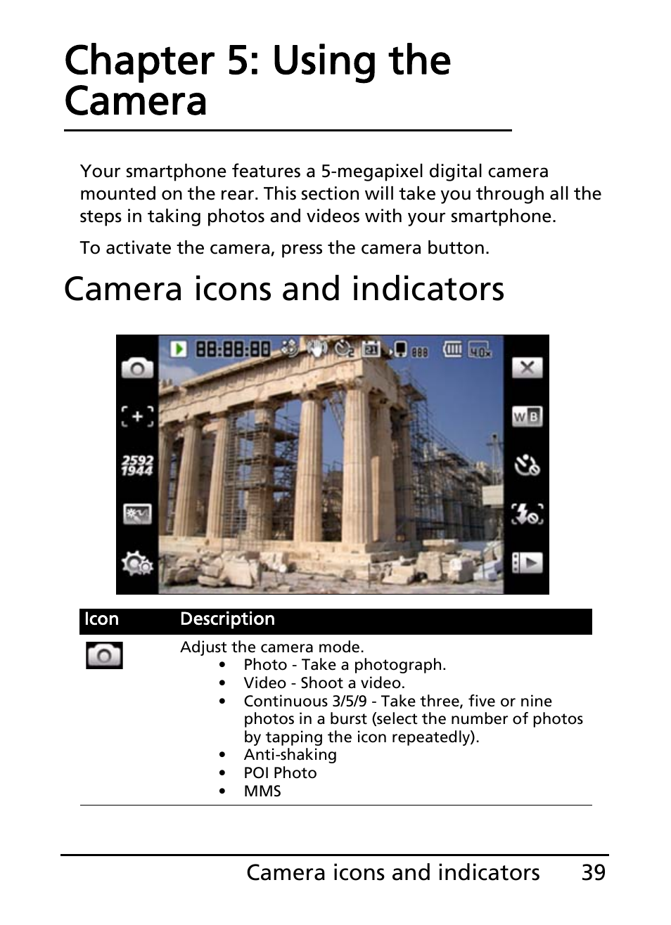 Camera icons and indicators, Chapter 5: using the camera | Acer S200 User Manual | Page 39 / 100