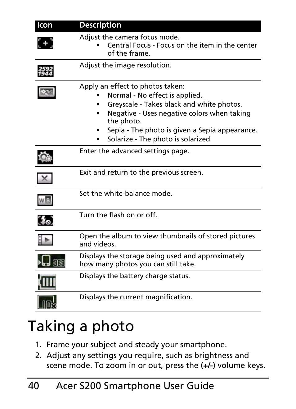 Taking a photo | Acer S200 User Manual | Page 40 / 100