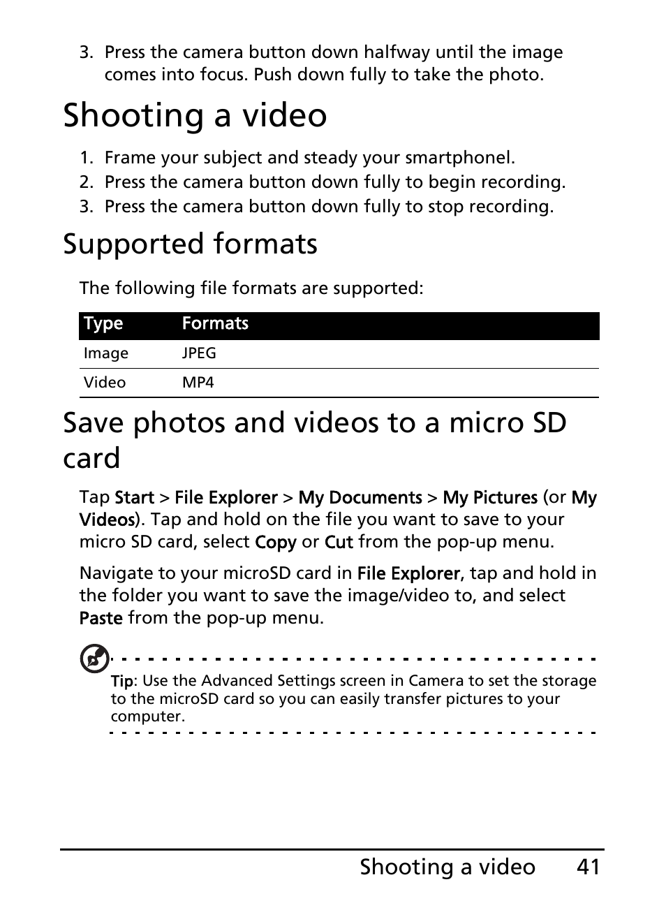 Shooting a video, Supported formats, Save photos and videos to a micro sd card | 41 shooting a video | Acer S200 User Manual | Page 41 / 100
