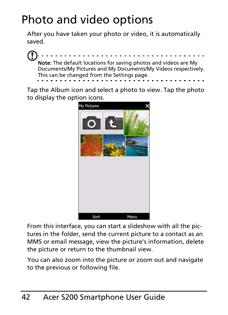 Photo and video options | Acer S200 User Manual | Page 42 / 100