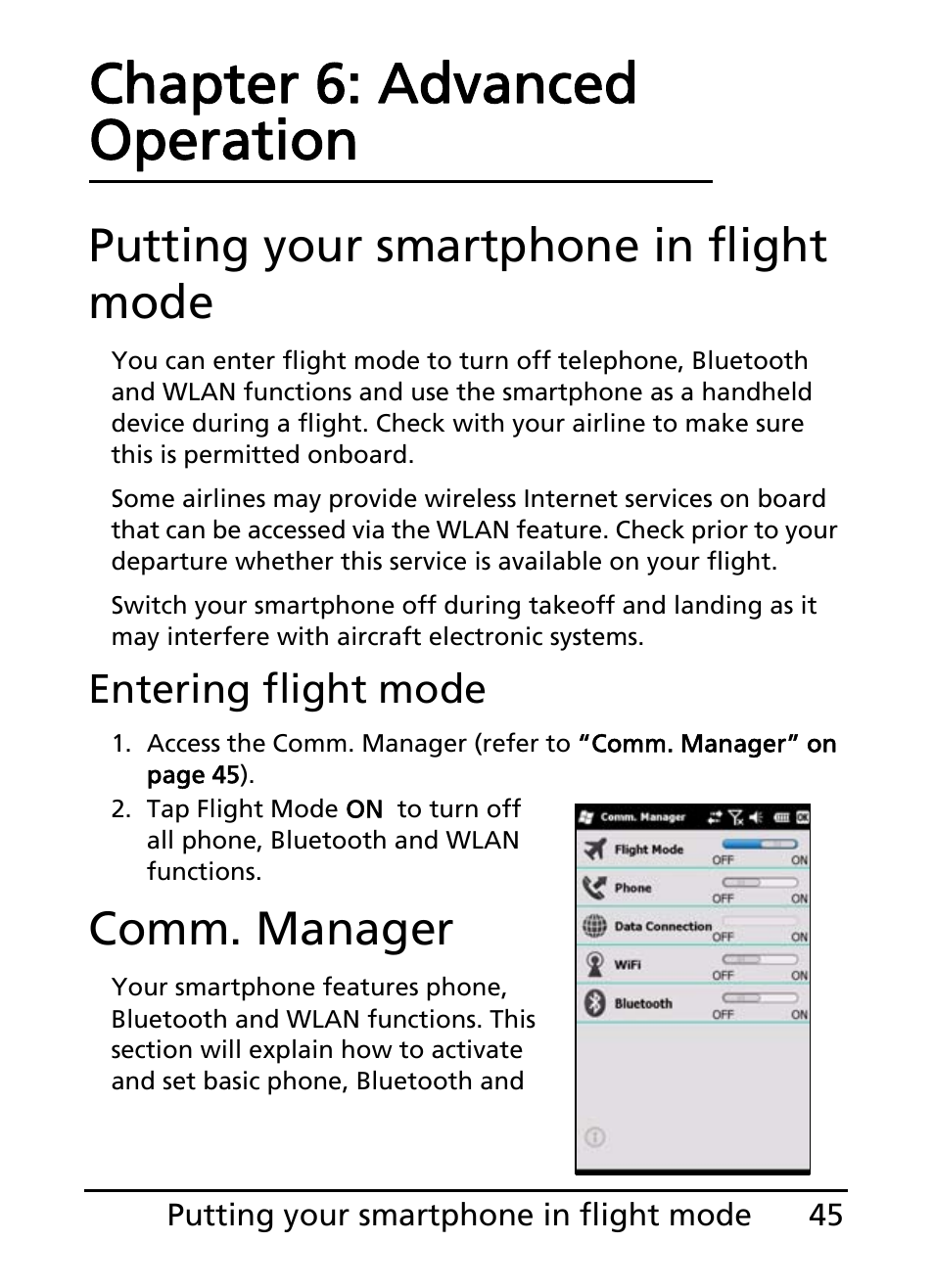 Putting your smartphone in flight mode, Comm. manager, Chapter 6: advanced operation | Entering flight mode | Acer S200 User Manual | Page 45 / 100