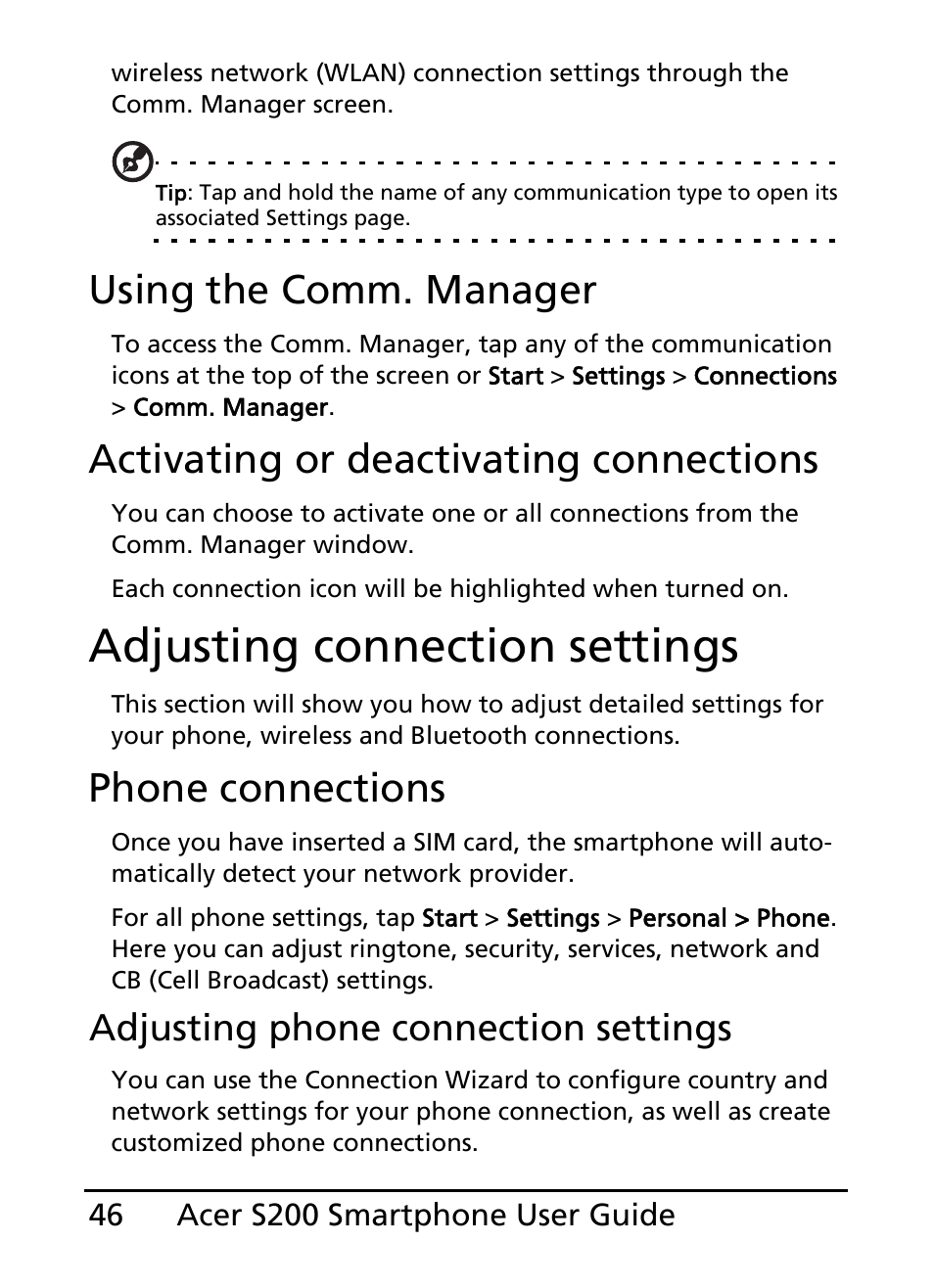 Adjusting connection settings, Using the comm. manager, Activating or deactivating connections | Phone connections, Adjusting phone connection settings | Acer S200 User Manual | Page 46 / 100