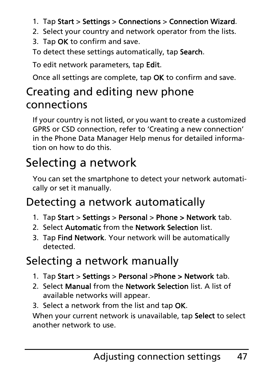 Selecting a network, Creating and editing new phone connections, Detecting a network automatically | Selecting a network manually | Acer S200 User Manual | Page 47 / 100