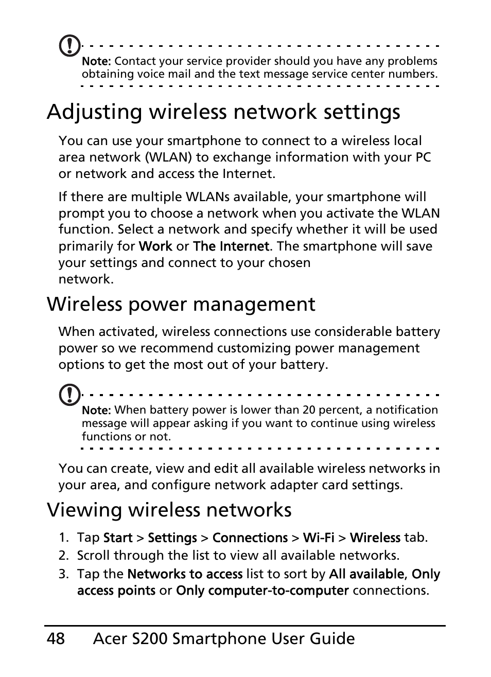 Adjusting wireless network settings, Wireless power management, Viewing wireless networks | Acer S200 User Manual | Page 48 / 100