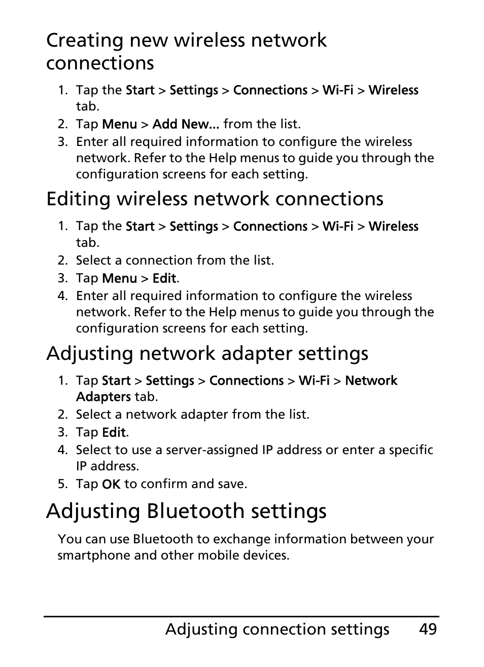 Adjusting bluetooth settings, Creating new wireless network connections, Editing wireless network connections | Adjusting network adapter settings | Acer S200 User Manual | Page 49 / 100