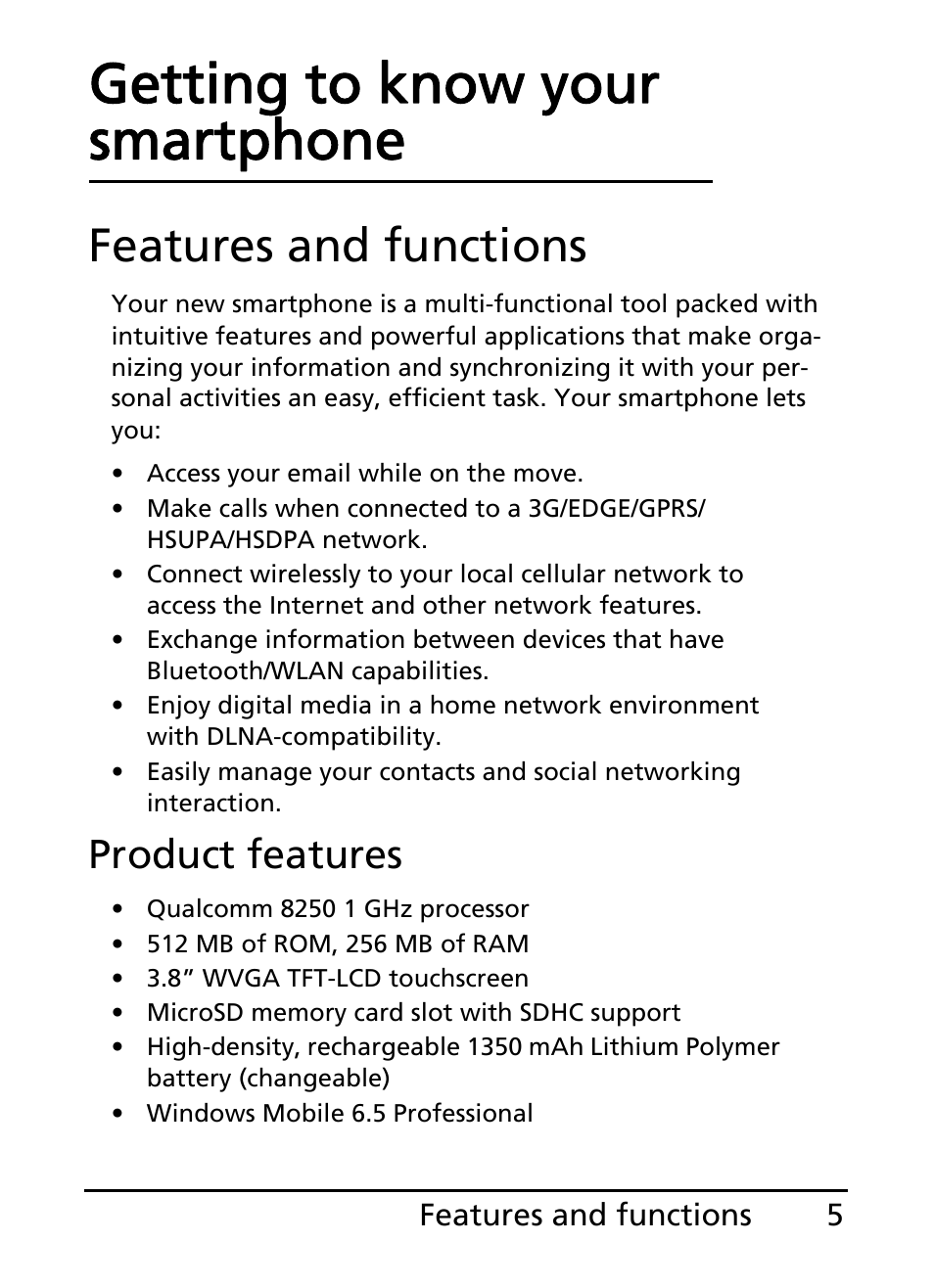 Features and functions, Getting to know your smartphone, Product features | Acer S200 User Manual | Page 5 / 100