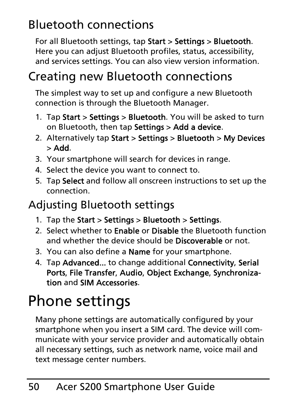 Phone settings, Bluetooth connections, Creating new bluetooth connections | Adjusting bluetooth settings | Acer S200 User Manual | Page 50 / 100