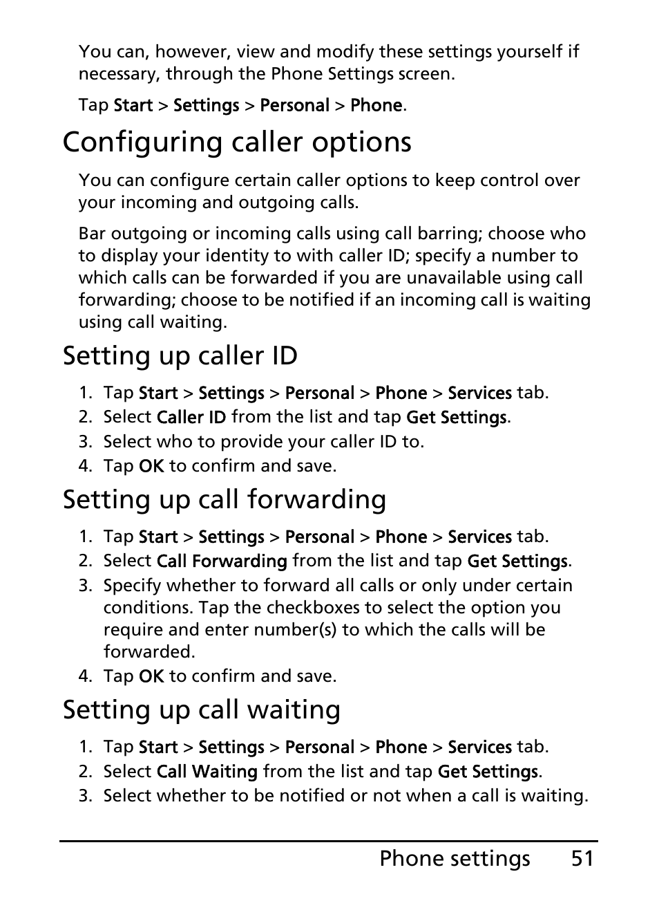 Configuring caller options, Setting up caller id, Setting up call forwarding | Setting up call waiting | Acer S200 User Manual | Page 51 / 100