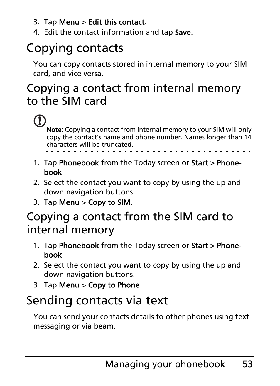 Copying contacts, Sending contacts via text | Acer S200 User Manual | Page 53 / 100