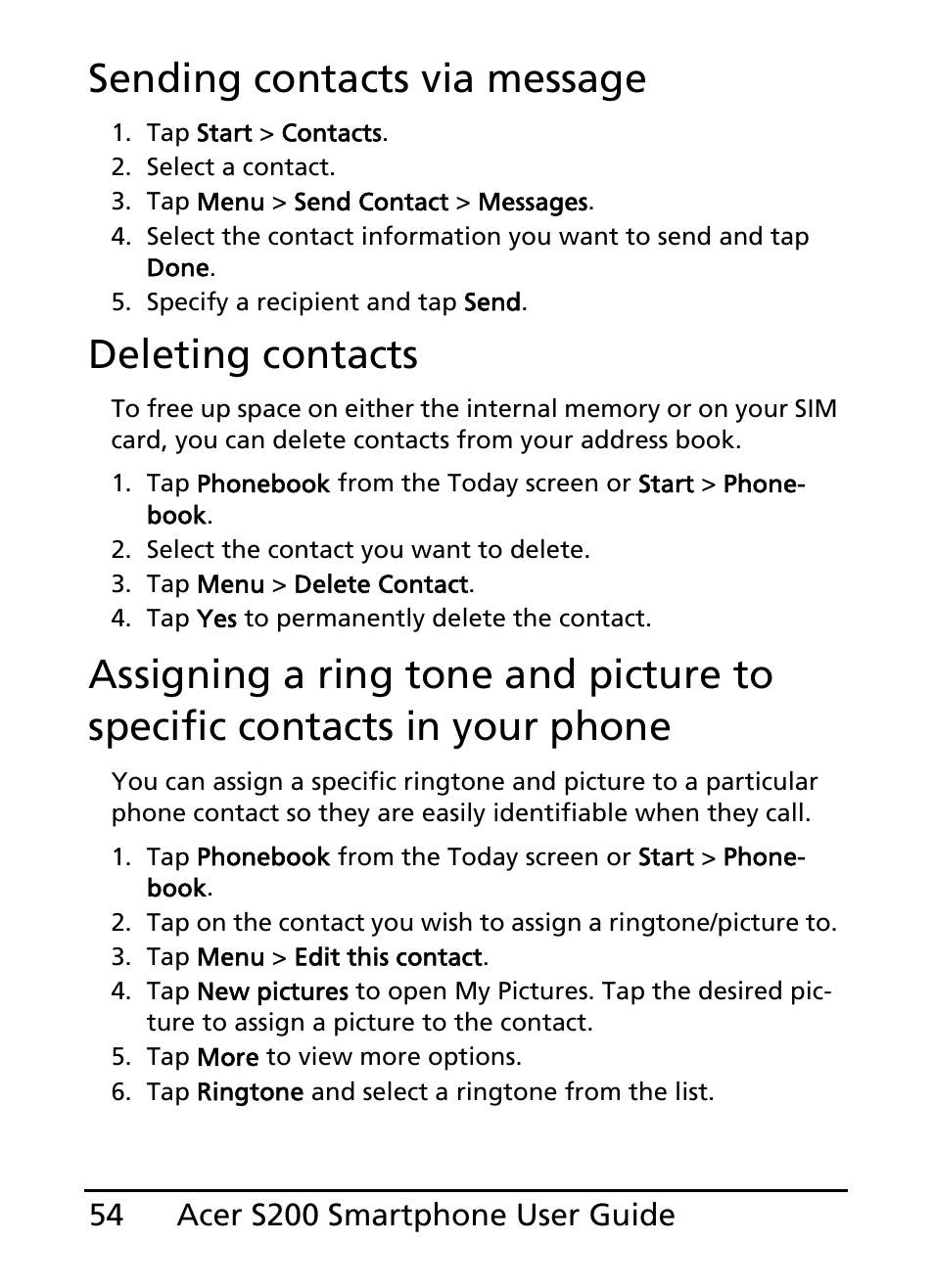 Sending contacts via message, Deleting contacts | Acer S200 User Manual | Page 54 / 100