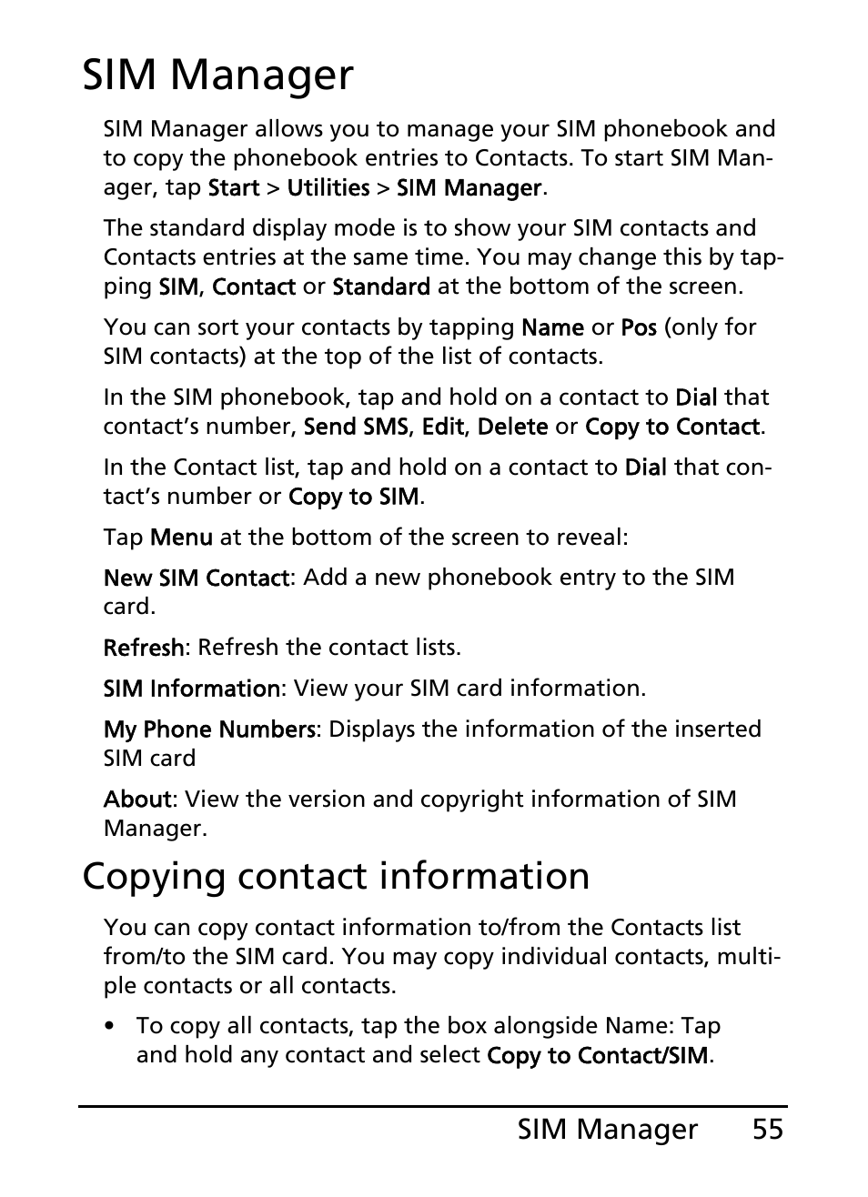 Sim manager, Copying contact information | Acer S200 User Manual | Page 55 / 100