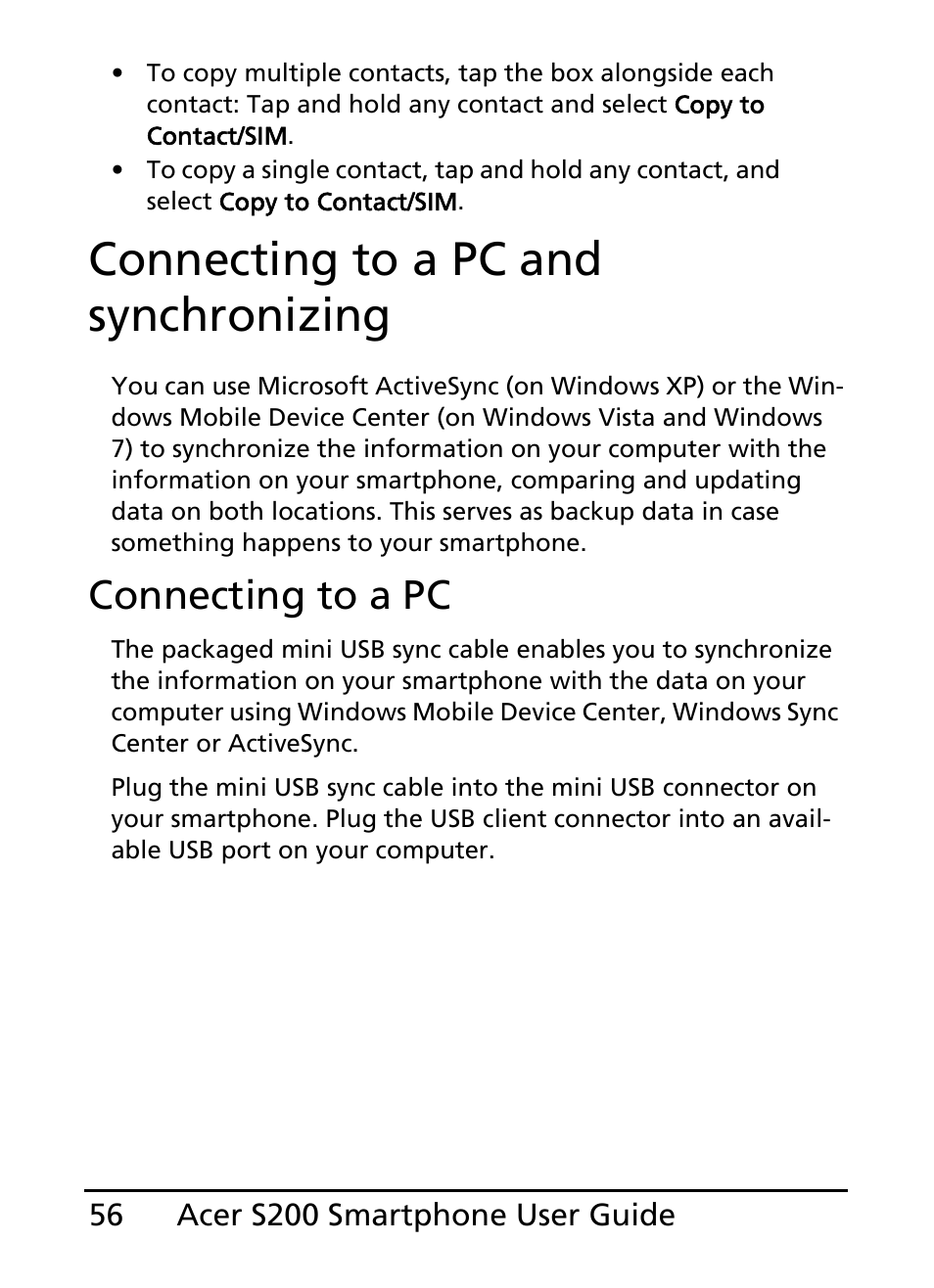 Connecting to a pc and synchronizing, Connecting to a pc | Acer S200 User Manual | Page 56 / 100